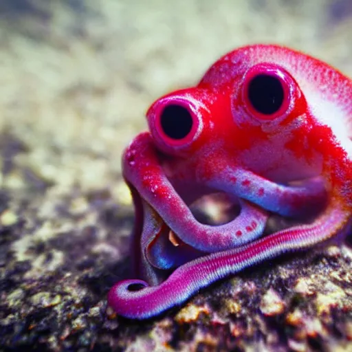 Image similar to fiery whimsical emotional eyes cephalopod, in a photorealistic macro photograph with shallow dof, in the deepest seas of the unconscious psyche