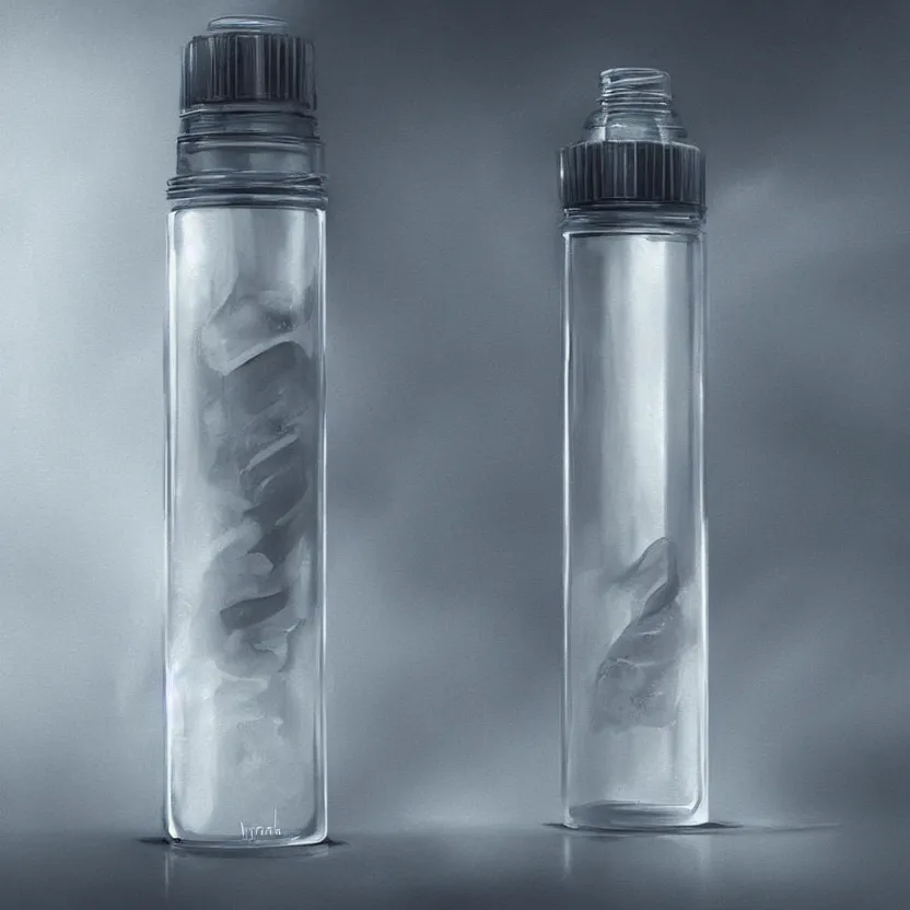 Prompt: concept art of a porsche white liquid dietary supplement in a transparent bottle with big black sticker on it, by aenaluck, artgerm and roberto ferri and greg rutkowski, light blue and white tones, digital painting, artstation, concept art, smooth, sharp foccus ilustration hq