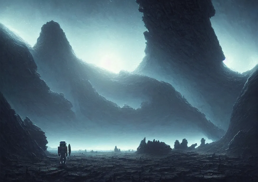 Image similar to ( ( astronaut exploring a strange surface of another planet at dusk ) ), ( ( ruins of ancient civilization ) ), ultra high definition, ultra detailed, symmetry, sci - fi, dark fantasy, in style of heavy metal comic, dark and horror style, metal by greg rutkowski and ross tran