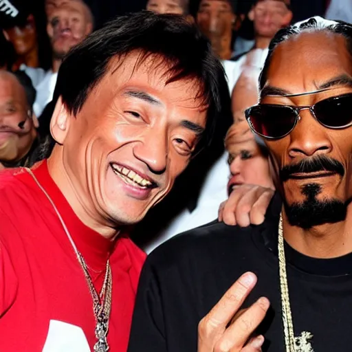 Image similar to a picture of the rock, snoop Dogg and Jackie Chan posing together for the camera