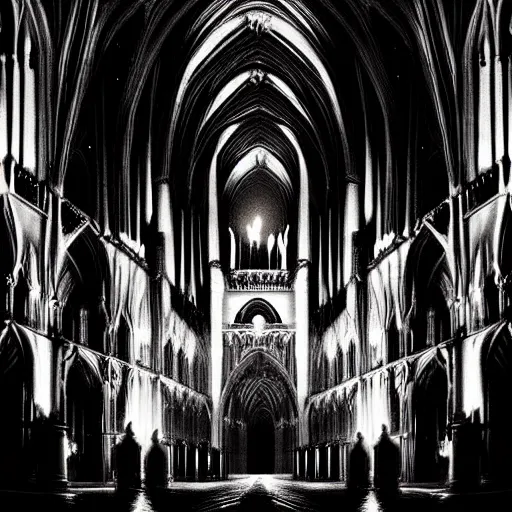 Prompt: a beautiful gothic girl inside a dark gothic cathedral illuminated by candles, impressive scene. grainy and rough. black and white colour scheme. beautiful artistic detailed digital art