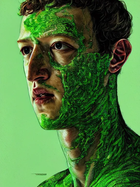 Prompt: portrait of a mark zuckerberg, skin peeling away to reveal bright green! reptile! skin!, art by ryo shiotani and greg rutkowski, intricate, beautiful, cinematic lighting, vintage art by serge ivanoff, high resolution, very detailed