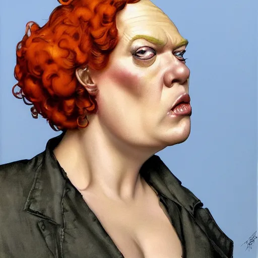 Image similar to dramatic upper body portrait of christina hendricks as baron harkonnen, by norman rockwell and boris vallejo, artstation, concept creature character art