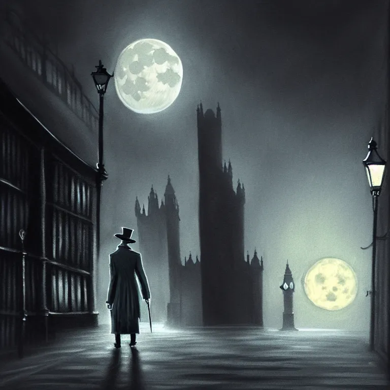 Image similar to jack the ripper lurking in a dark alleyway, holding a knife, one point perspective, full moon, foggy night, black alley cat, cobblestone road, stone arch, big ben, digital painting, hyperrealistic, macabre, spooky, trending on artstation