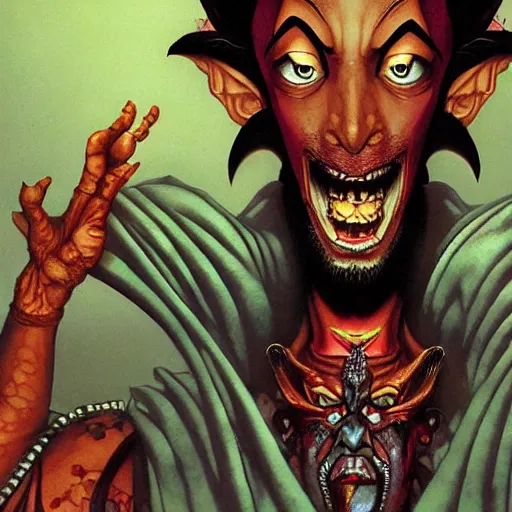 Image similar to portrait closeup of crazy dark jafar from aladdin, symmetrical, by yoichi hatakenaka, masamune shirow, josan gonzales and dan mumford, ayami kojima, takato yamamoto, barclay shaw, karol bak, yukito kishiro