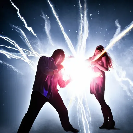 Prompt: action photography of a man and a woman fight in a magic duel. the man uses a black magic spell causing intense flames. the woman used a spell of white magic causing an avalanche of many bursts of light. several mirrors surround them and reflect their fight. atmosphere of intense pressure.