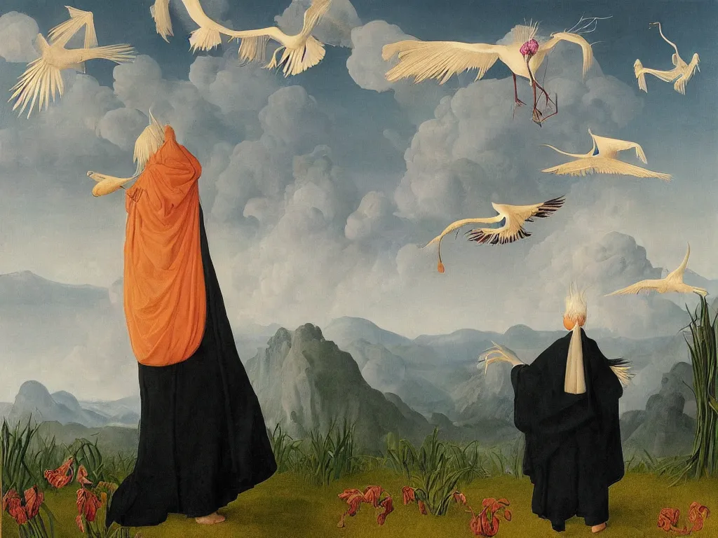 Image similar to albino mystic, with his back turned, looking at a storm over over the mountains in the distance, with beautiful exotic crane and iris flower. Painting by Jan van Eyck, Audubon, Rene Magritte, Agnes Pelton, Max Ernst, Walton Ford