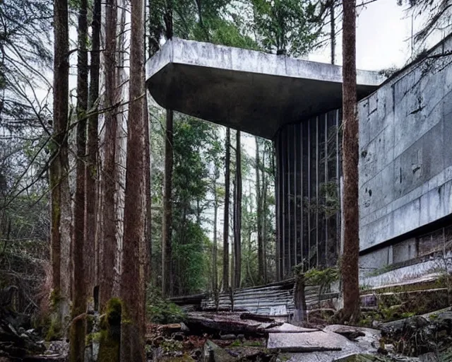 Prompt: amazing architecture, forest brutalism style, mix of paganism and cyberpunk, real structures, architectural genius, wow