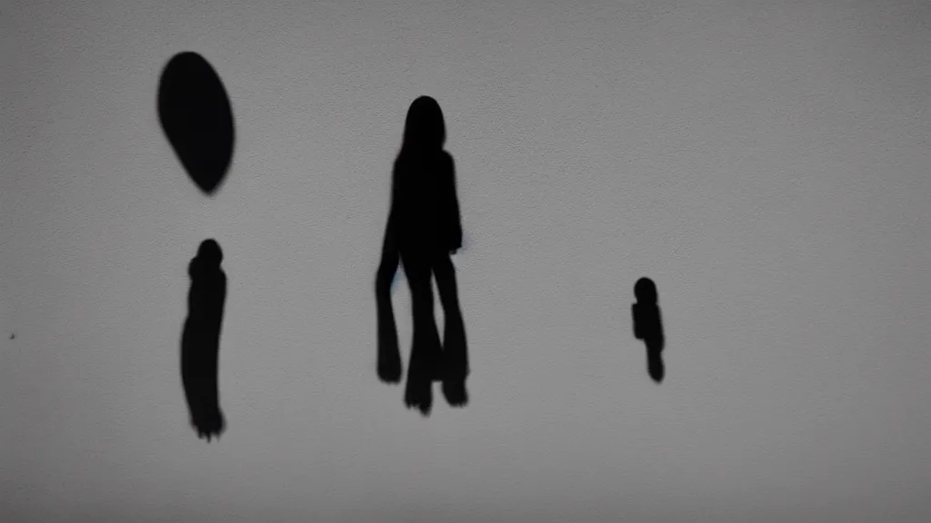 Prompt: A woman looking at her shadow on the wall, camera at the side, minimalist, in the style of Ridley Scott and Stanley Kubrick, full shot, long shot, white walls