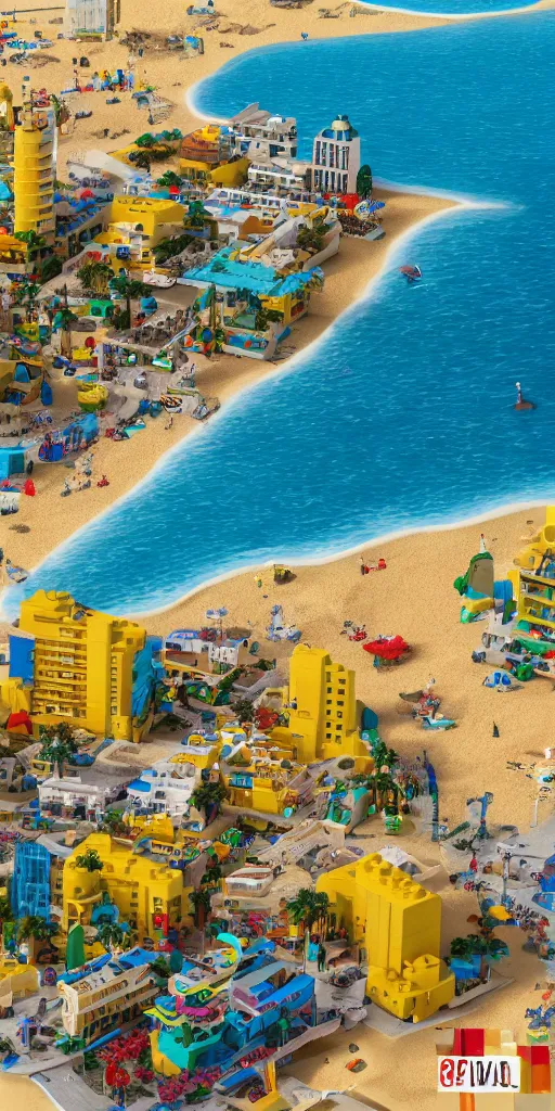 Image similar to Tel-Aviv beach, the buildings are Lego, the sand is yellow M&Ms, the sea is glitter, high-detaild, unreal engine 5, 4K UHD image