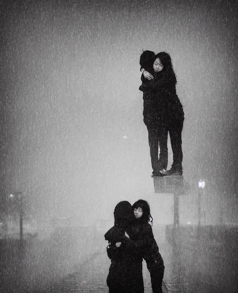 Prompt: hugging the love of your life in the rain at night in a modern chinese city on a bridge, high quality digital art, trending on arstation, dreamlike, fog, cinematic lighting, concept art, award winning, dark moody lighting