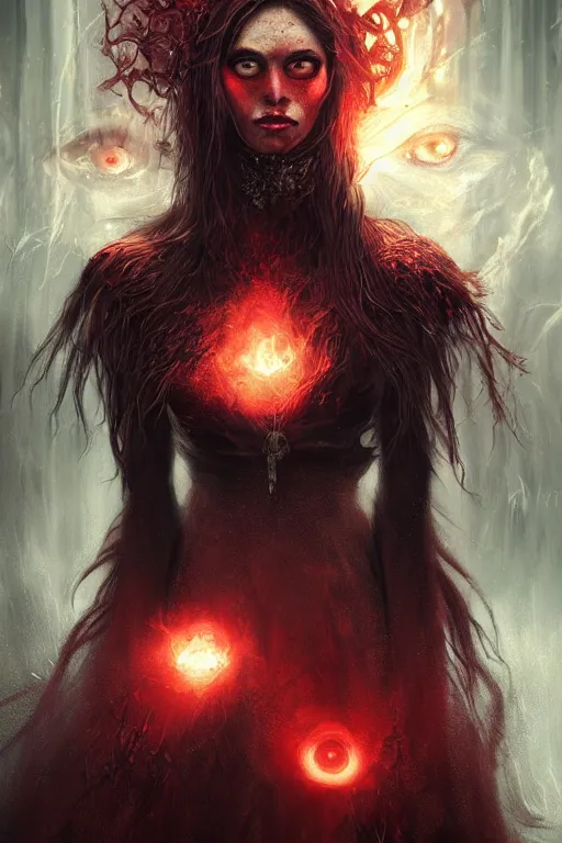 Image similar to Beautiful Sorceress of Fire, Glowing Red Eyes, professional illustration by Seb McKinnon, ArtGerm, WLOP, fantasy, magic, powerful presence, boss fight