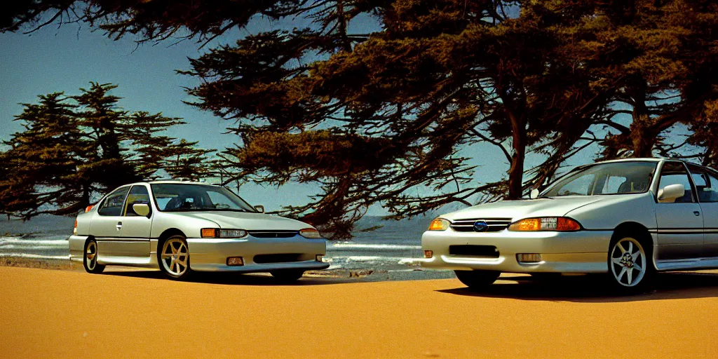 Image similar to photograph, 1999 Subaru GC8, cinematic, california coast, ocean view, 8k, depth of field, bokeh.