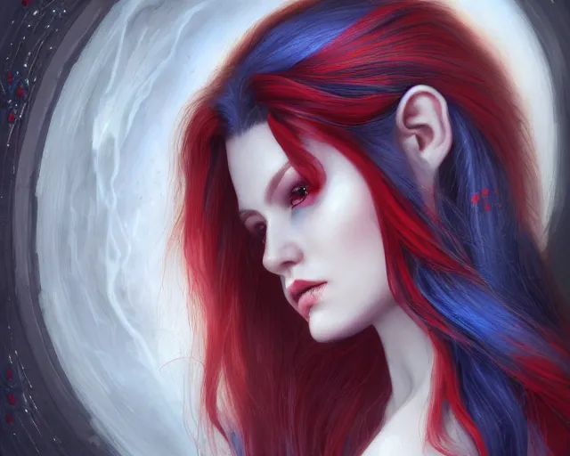 Image similar to A detailed matte oil on canvas head on symmetrical portrait of a distinguished elven woman with red and blue hair on an empty background, by Charlie bowater, Lise Deharme, Wlop, trending on artstationhd, dungeons and dragons art, parted hair , half blue, half red , split dye, critical role