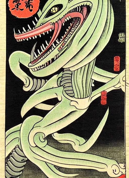 Image similar to the xenomorph as a yokai illustrated by kawanabe kyosai and toriyama sekien