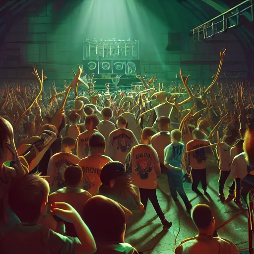 Image similar to 4 punks in school uniform with mohawks stand on stage with guitars and drums and microphones and yell day, foreground fight of ravers and punks, by marc simonetti, tyler edlin, deviantart, ray tracing, octane render, digital art, realistic, high quality, 8 k