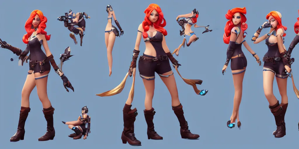 Image similar to Character sheet of pool party miss fortune (League of Legends). 3d, unreal engine 5, trending on artstation