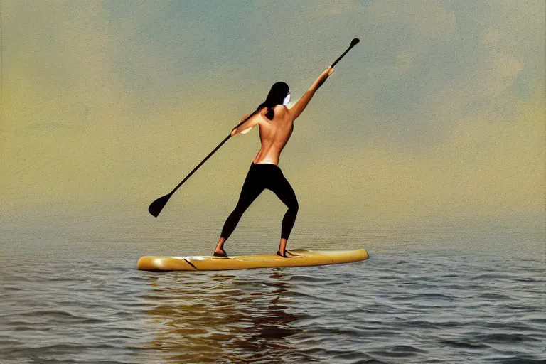 Image similar to beautiful serene person on a paddle board sup, healing through motion, life, minimalistic golden and ink airbrush painting on white background