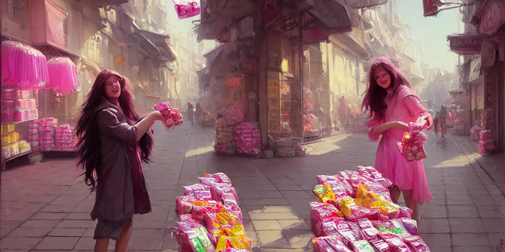 Image similar to happy girl with long hair buying candies, pink colours, greg rutkowski