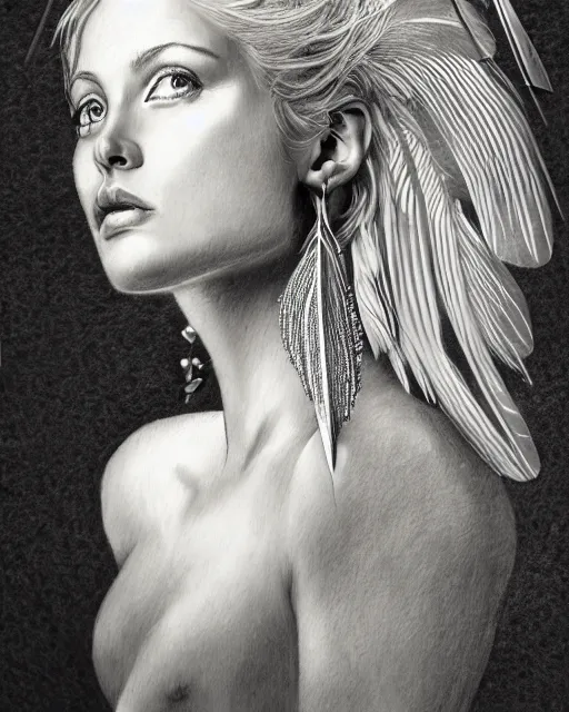 Image similar to pencil drawing of beautiful greek goddess aphrodite with arrowhead earrings and beautiful feather jewelry, beautiful piercing eyes, beautiful blonde hair flying in the wind, hyper realistic face, in the style of greg rutkowski, fantasy, amazing detail, epic, elegant, smooth, sharp focus, from the front