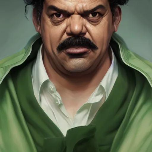 Image similar to hyper realistic, realistic - anime, portrait, beautifully rendered, luis guzman as luigi wearing green, smirking deviously, luigi, luigi's nose, painted by jan van eyck, greg rutkowski, wlop, artgerm, dishonored 2,