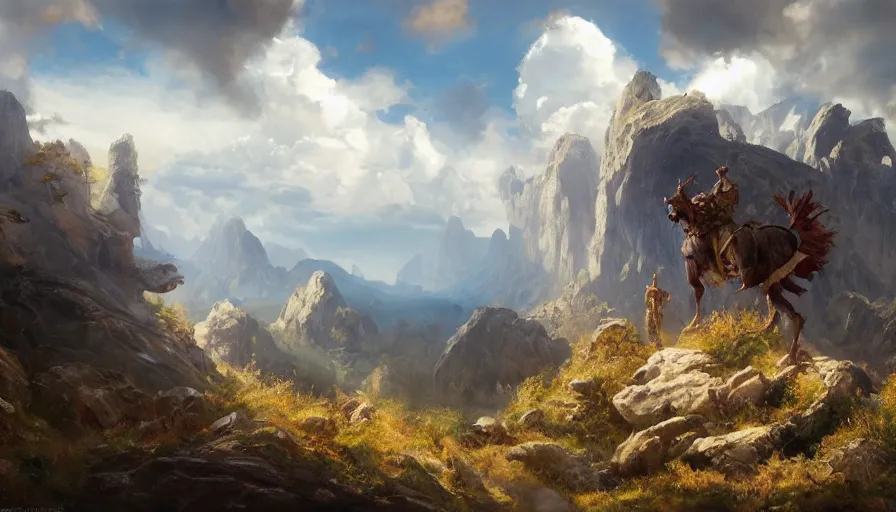 Prompt: excellent painted daemon in a wide epic beautiful landscape somewhere in europe with fluffy clouds, painted by Hans Fredrik Gude, Greg Rutkowksi, Craig Mullins and Artgerm, masterpiece, 4k, ultra realistic highly detailed oil painting