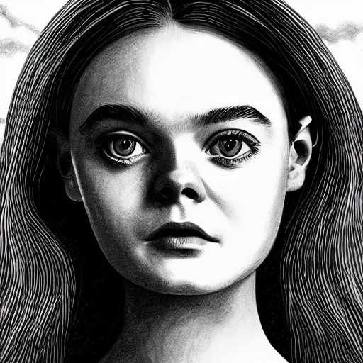 Image similar to professional painting of Elle Fanning in the style of Harvey Kurtzman, head and shoulders portrait, symmetrical facial features, smooth, sharp focus, illustration, intricate, stormy weather, extremely detailed masterpiece,