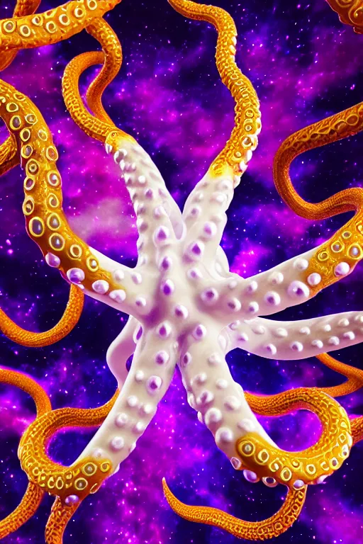 Prompt: 3 d sculpture white intertwined octopus tentacles, floating in dark purple galaxy, gold details, very detailed, highly intricate, ornate, dramatic lighting, pearlescent, octane render, 8 k,