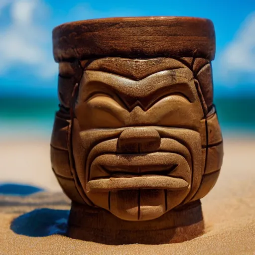 Image similar to a closeup photorealistic photograph of ben grimm's face on a tiki mug at trader vic's beach bar. fantastic four. tiki culture. bright scene. fine detail. this 4 k hd image is trending on artstation, featured on behance, well - rendered, extra crisp, features intricate detail, epic composition and the style of unreal engine.