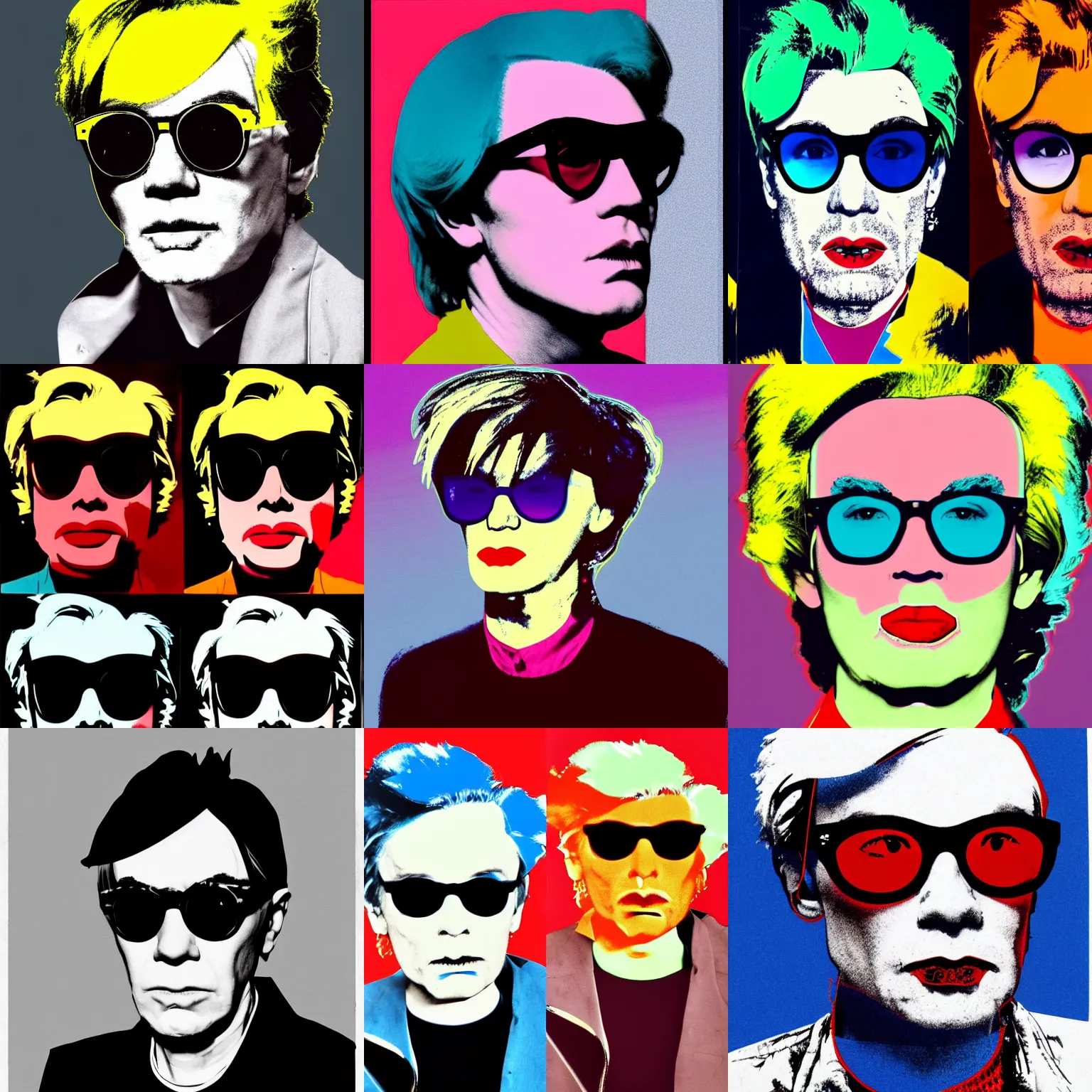 Prompt: colour portrait of absolutely angry andy warhol aged 40 looking sternly straight into the camera and wearing designer sun glasses, in the style of andy warhol, high quality, sharp focus, trending on artstation, cgsociety, hd