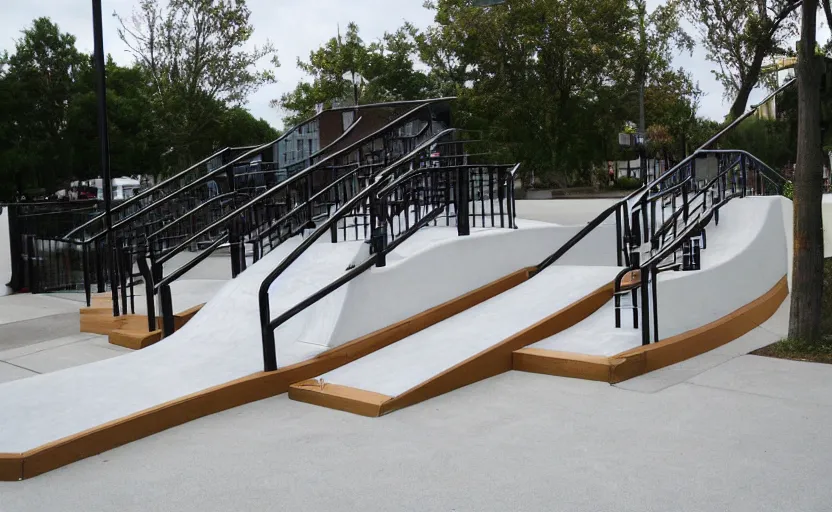 Prompt: skateboard ramp, stairs, handrail, plaza