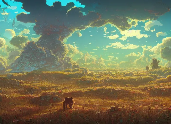 Image similar to concept art of a puppy landscape made of thousands of puppies, cel shaded, in the style of makoto shinkai and moebius and peter mohrbacher and anton fadeev