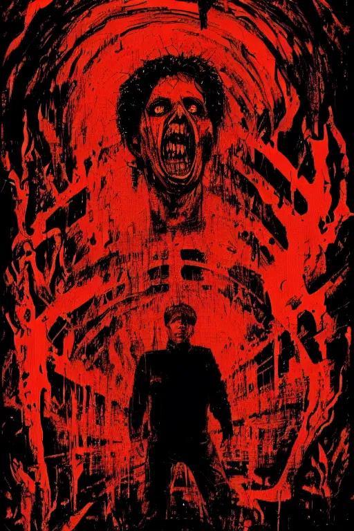Image similar to zelensky went to hell, art in the style of a poster for horror films in a cinema, detailed art in color
