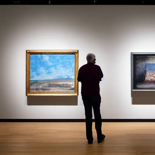 Image similar to Over the shoulder portrait of a middle-aged man staring at a painting in an art gallery. The painting he is looking at contains a person looking right back at him. Wide angle. Photorealistic. Dramatic lighting. Award winning photography. 35mm photograph.