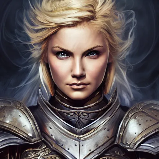 Prompt: head-on centered symmetrical painted portrait, Elisha Cuthbert as a paladin, blonde hair, (steel) armour, dramatic lighting, intricate, fantasy, intricate, elegant, highly detailed, digital painting, smooth, sharp focus, illustration, dramatic lighting, artstation, in the style of Artgerm and Anna Podedworna