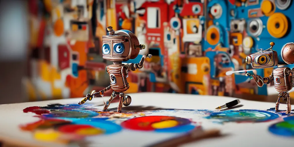 Image similar to closeup portrait of tin toy retro robots painters mixing gouache on white paper table in an artist workshop, depth of field, zeiss lens, detailed, centered, fashion photoshoot, by nicoletta ceccoli, mark ryden, lostfish, breathtaking, 8 k resolution, extremely detailed, beautiful, establishing shot, artistic, hyperrealistic, octane render