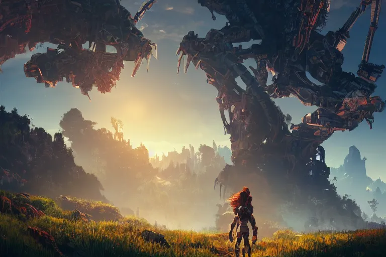 Image similar to watcher machine creature robot of horizon forbidden west horizon zero dawn radiating a glowing aura global illumination ray tracing hdr fanart arstation by ian pesty and alena aenami artworks in 4 k