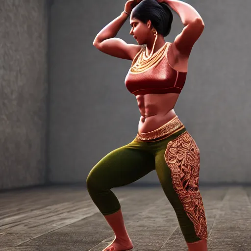 Image similar to south indian woman doing squats, ultra realistic, concept art, intricate details, highly detailed, photorealistic, octane render, 8 k, unreal engine