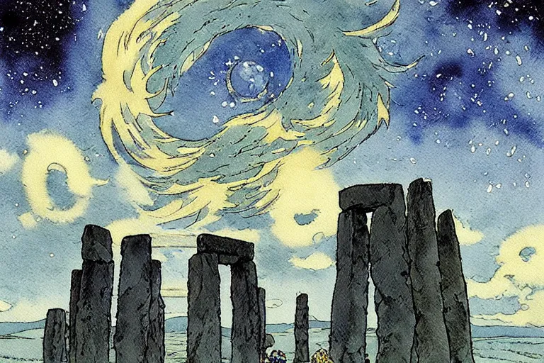 Image similar to hyperrealist studio ghibli watercolor fantasy concept art of a kaiju using stonehenge as a chair. it is a misty starry night. by rebecca guay, michael kaluta, charles vess