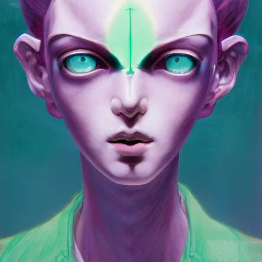 Image similar to prompt : pale violet and deep green portrait inside window soft light painted by james jean and katsuhiro otomo and erik jones, inspired by evangeleon anime, smooth face feature, intricate oil painting, high detail illustration, sharp high detail, manga and anime 1 9 9 9