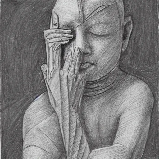 Image similar to mummy puts his hand on the head of a warrior, pencil drawing, engraving, simple drawing, few details