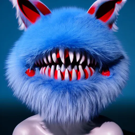 Prompt: blue creature with fur, a trianguar head, huge bright red lips, long sharp teeth, beady black eyes, spindly limbs, photorealistic, 3 d model, unreal engine, 4 k, artstation, trending