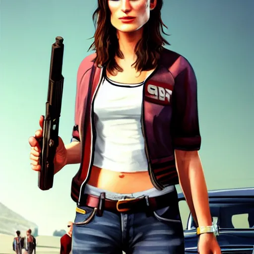 Prompt: Keira Knightley as a grand theft auto 5 character, concept art