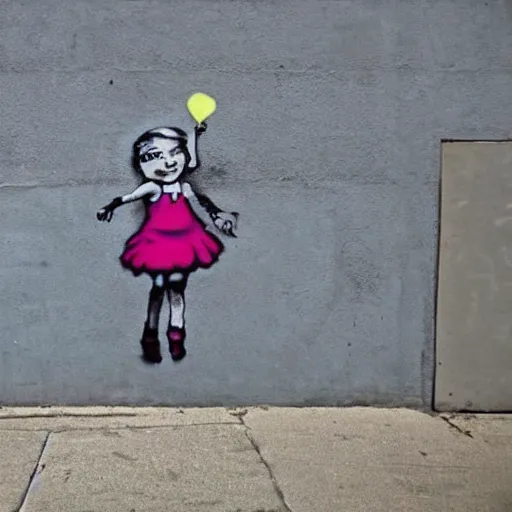 Image similar to bansky street art of small girl holding a balloon.