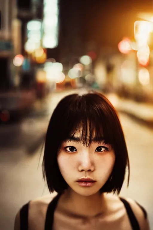 Image similar to a beautiful gorgeous Japanese edgy model girl with short hair, she's sad, sunset, street of Hong Kong, 80mm lens, 1.2 aperture, grainy image, close up, cinematic light, very detailed, depressing atmosphere, cover magazine