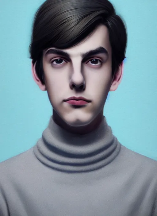 Image similar to portrait of teenage jughead jones wearing a light grey crown, crown, blue turtleneck, 1 9 5 0 s, closed eyes, photorealistic, black hair, glowing lighting, intricate, elegant, glowing lights, highly detailed, digital painting, artstation, concept art, smooth, sharp focus, illustration, art by wlop, mars ravelo and greg rutkowski