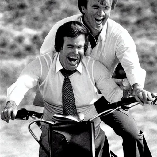 Image similar to kevin tighe laughing as he rides on top of randy mantooth