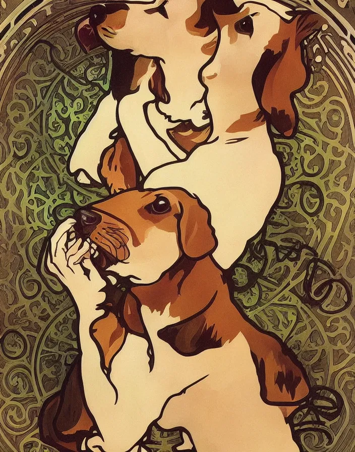 Prompt: Dachshund drinking absinthe by Alphonse Mucha