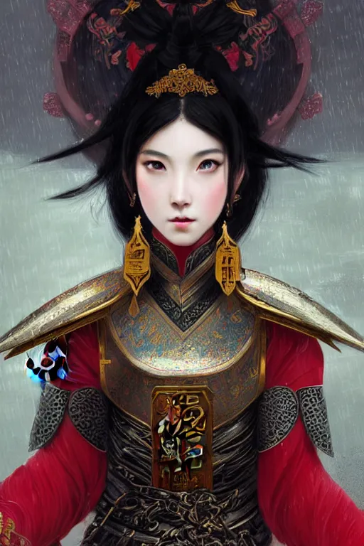 Image similar to portrait black hair young knights of Dynasty Warriors girl, metallic red mirror armor, in ruin chinese temple rooftop heavily rain sunrise, ssci-fi and fantasy, intricate and very beautiful and elegant, highly detailed, digital painting, soft light, artstation, concept art, smooth and sharp focus, illustration, art by tian zi and WLOP and alphonse mucha