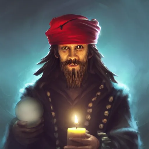 Prompt: a male pirate wearing a black sleeping cap with a puffball, holding a candle, wearing a flowing cape, portrait, d & d, science fiction, concept art, matte, sharp focus, illustration, concept art, jason chan, dan luvisi, karl thiart, uhd, 4 k, very detailed